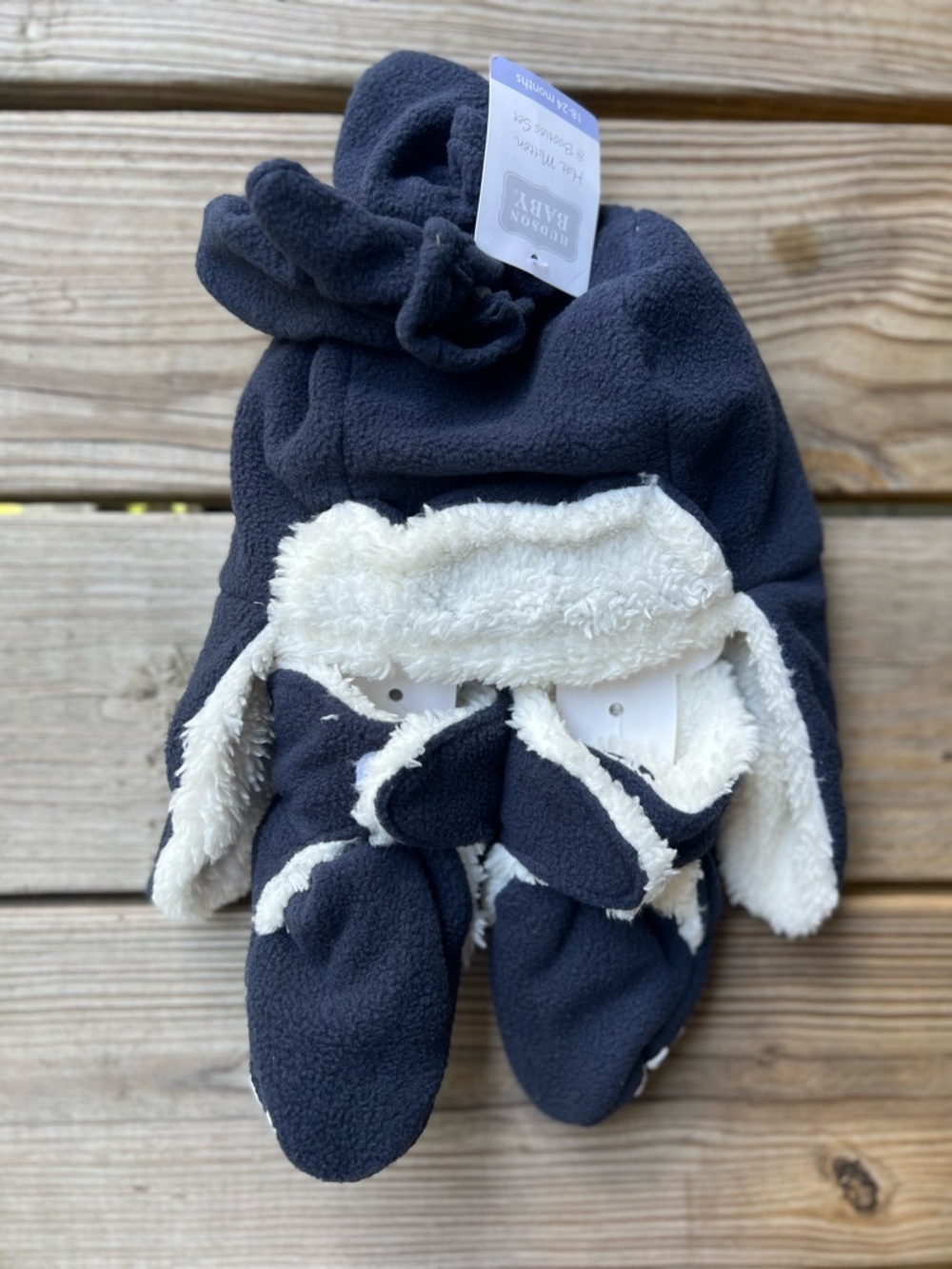 Hudson Baby Toddler 18-24M Navy Fleece Hat, Slippers & Mittens Set